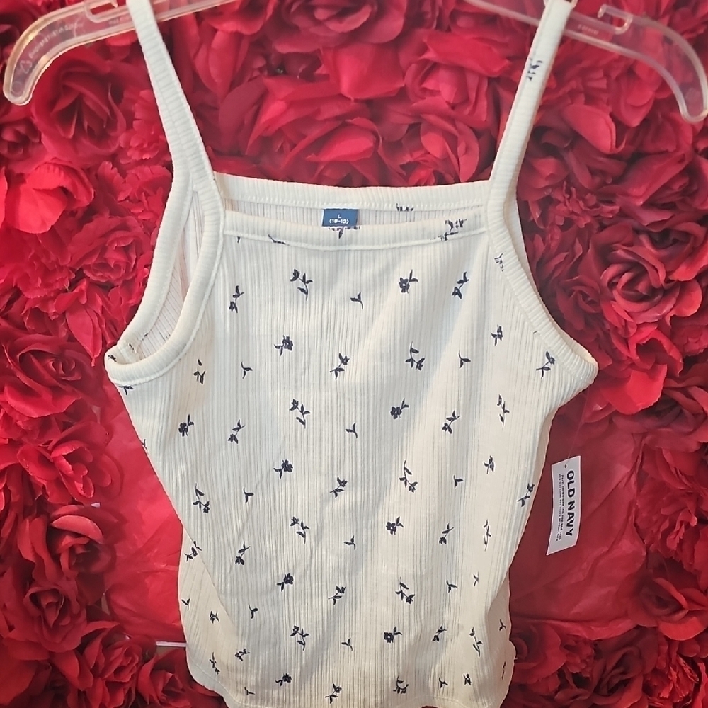 Old Navy NWT Girls Ribbed White & Blue Floral Tank Top Size Large 10/12